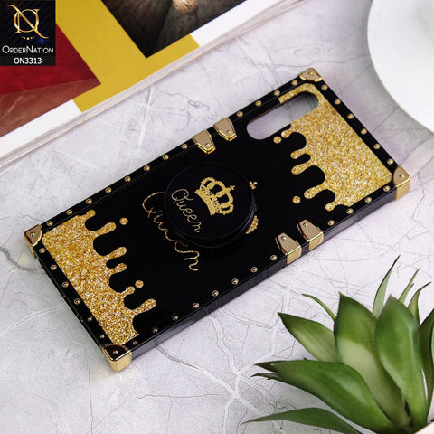 Samsung Galaxy A50 Cover - Black - Golden Electroplated Luxury Square Soft TPU Protective Case with Popsocket Holder