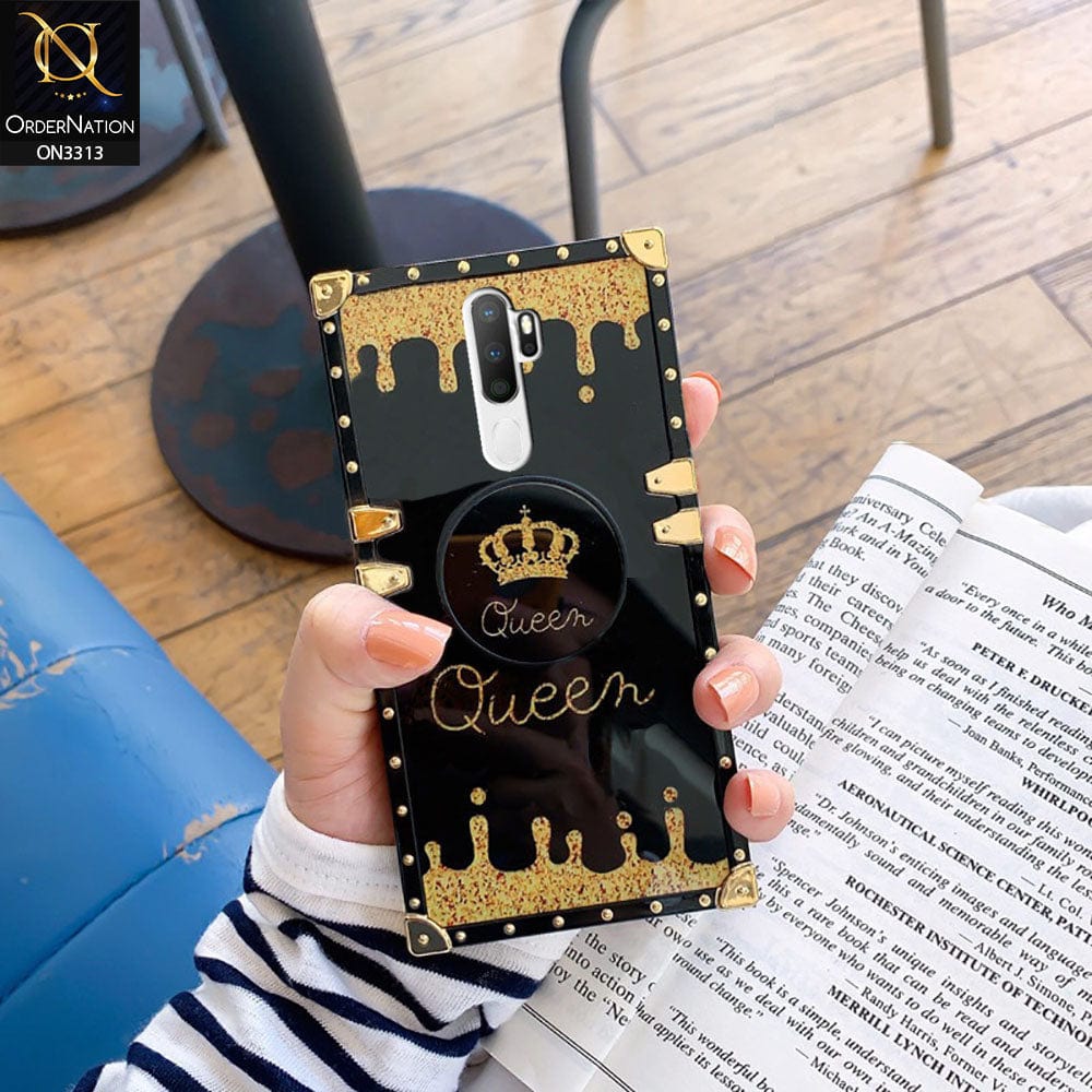 Oppo A9 2020 Cover - Black - Golden Electroplated Luxury Square Soft TPU Protective Case with Holder