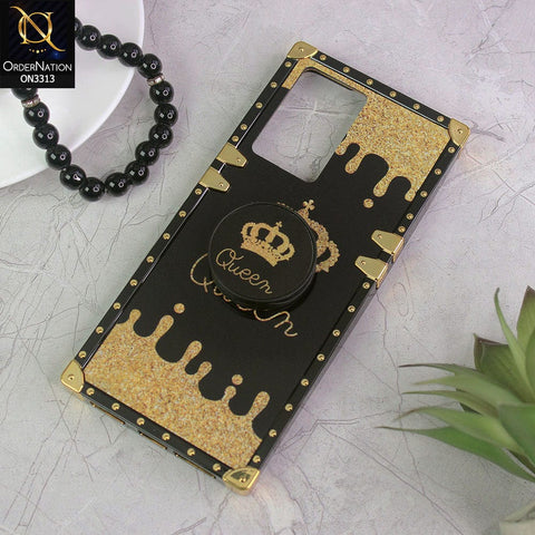 Oppo A57e Cover - Black - Golden Electroplated Luxury Square Soft TPU Protective Case with Popsocket Holder