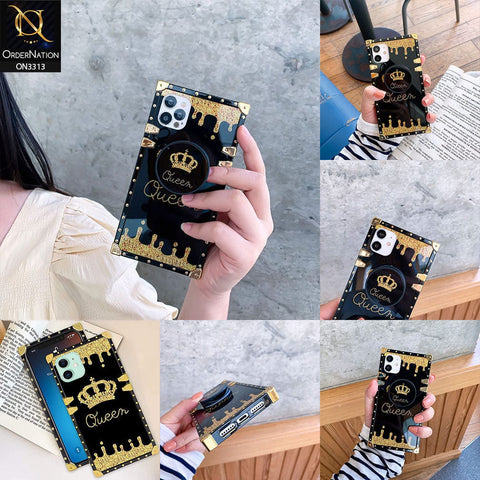 Realme C21Y Cover - Black - Golden Electroplated Luxury Square Soft TPU Protective Case with Popsocket Holder