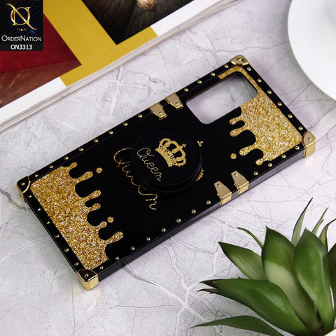 Samsung Galaxy Note 20 Cover - Black - Golden Electroplated Luxury Square Soft TPU Protective Case with Popsocket Holder