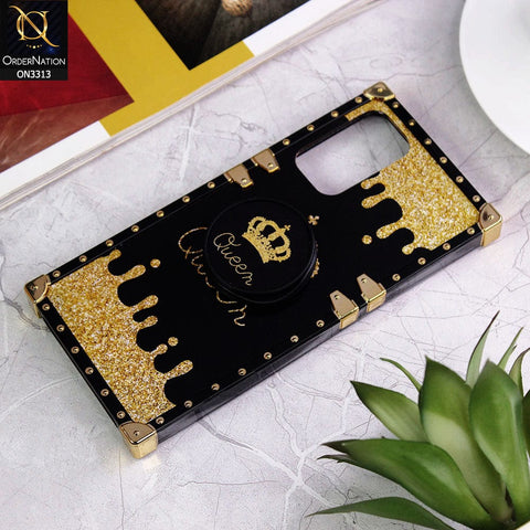 Xiaomi Poco M3 Cover - Black - Golden Electroplated Luxury Square Soft TPU Protective Case with Popsocket Holder