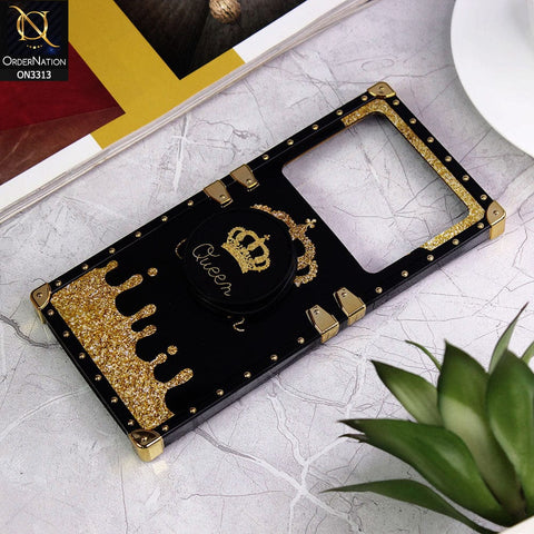 Vivo X80 Cover - Black - Golden Electroplated Luxury Square Soft TPU Protective Case with Popsocket Holder