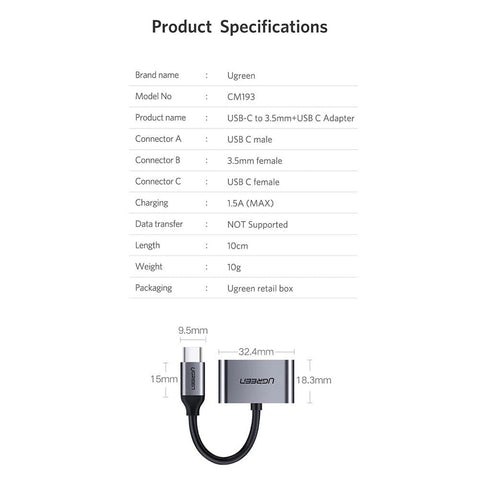 Type-C Adapter - Gray - UGREEN CM193/ Usb Type-C To 3.5mm Audio Adapter with Power Supply