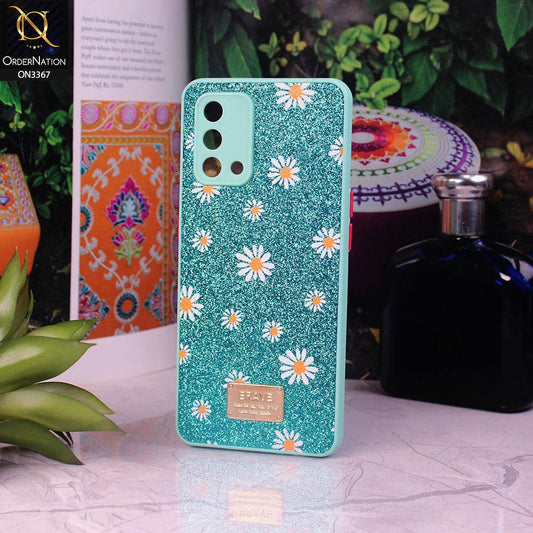 Oppo A74 Cover - Sea Green - Bling Sparkle Glitter Flower Back Shell Soft Border Case with Camera Protection