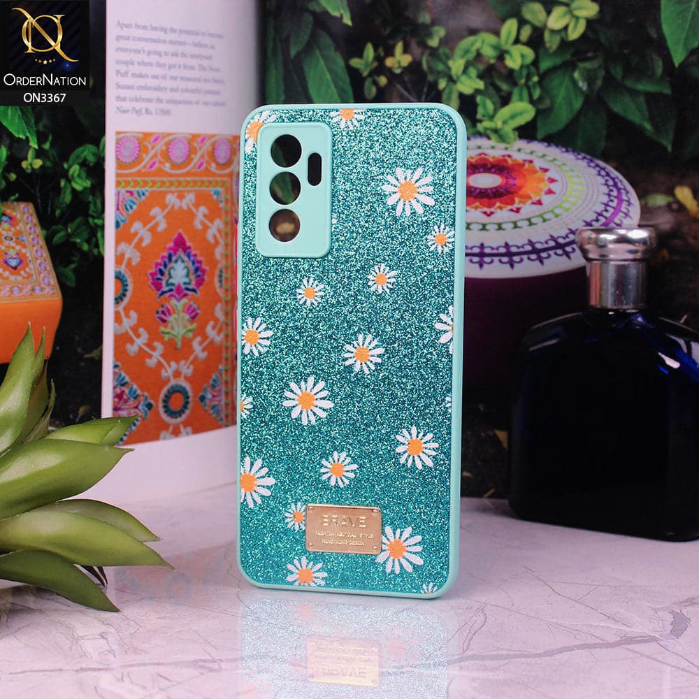 Vivo V23e Cover - Sea Green - Bling Sparkle Glitter Flower Back Shell Soft Border Case with Camera Protection