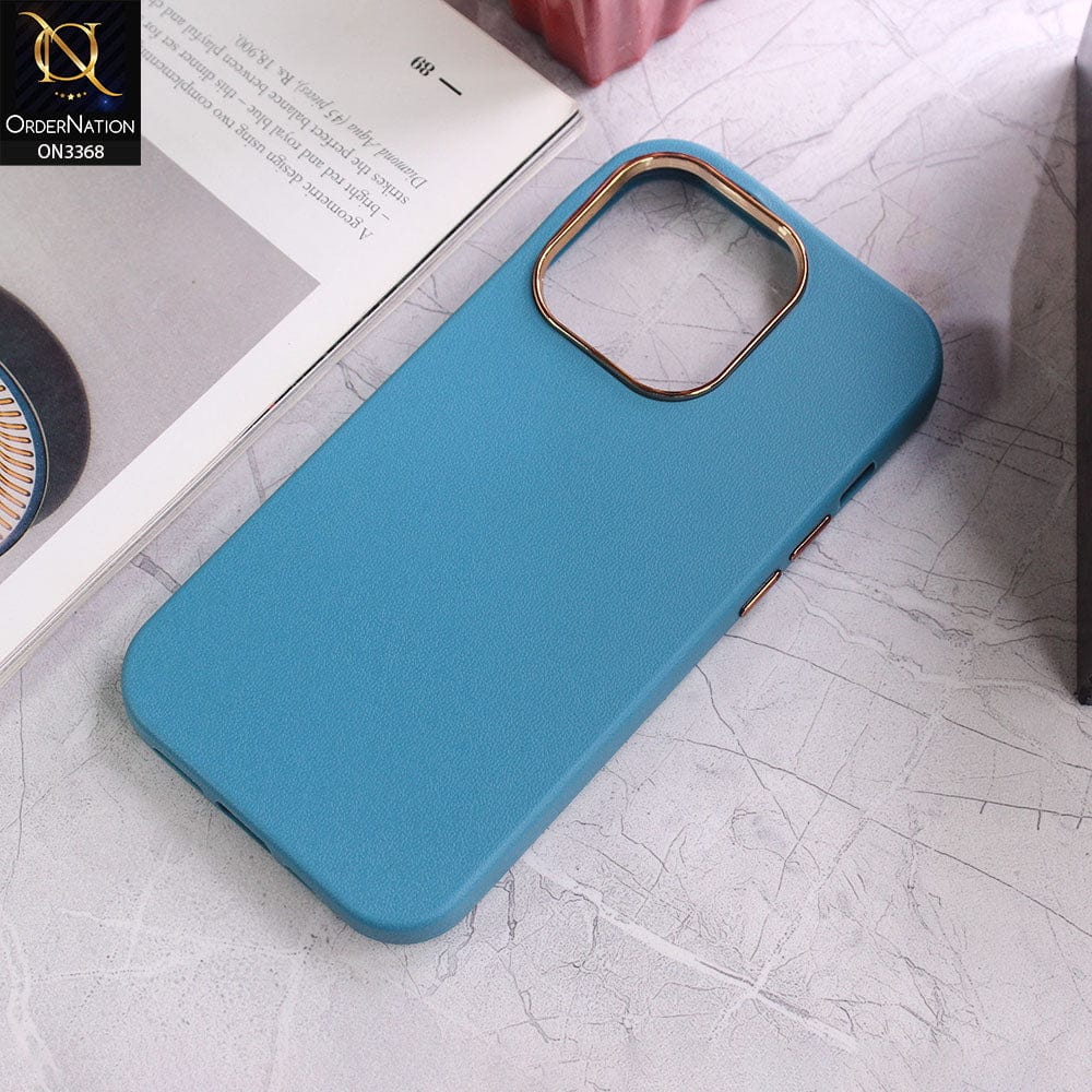 iPhone 14 Pro Max Cover - Light Blue - Electroplated Camera Ring leather Texture Soft Case