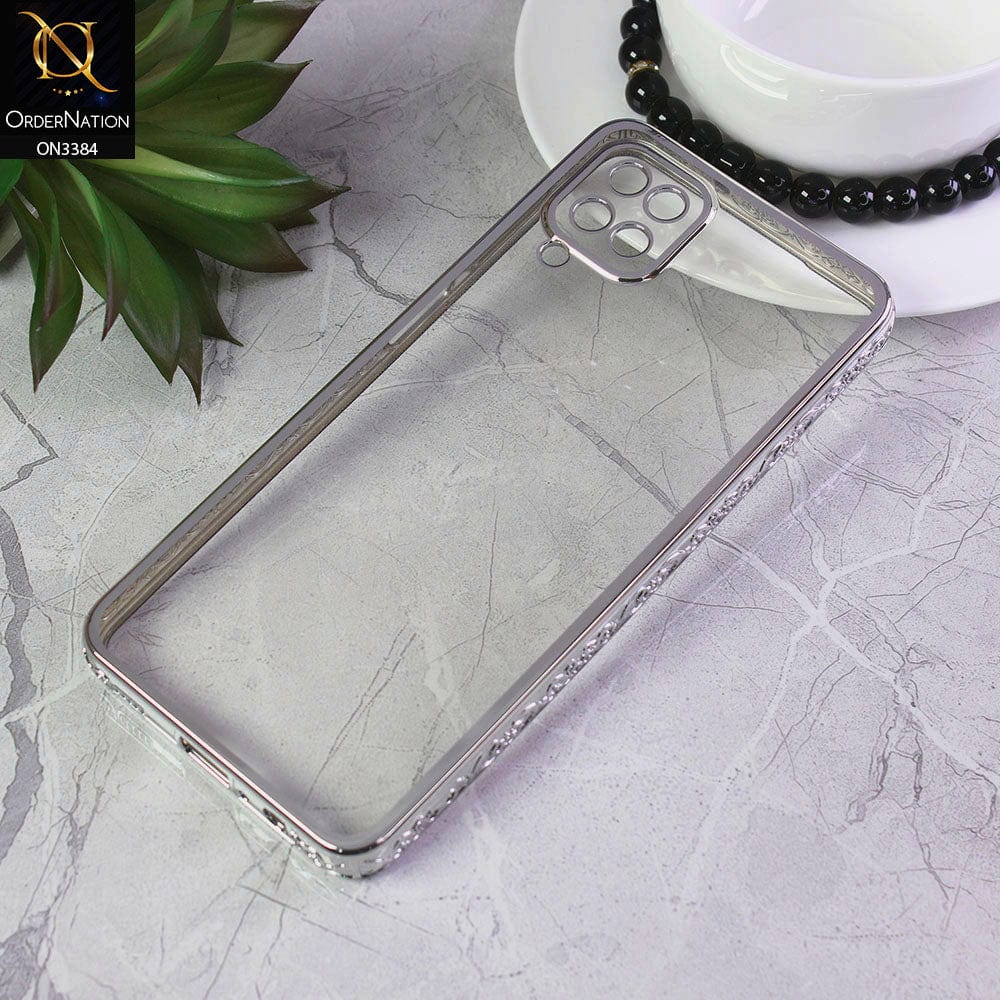 Samsung Galaxy A12 Cover - Silver - New Electroplated Shiny Borders Soft TPU Camera Protection Clear Case