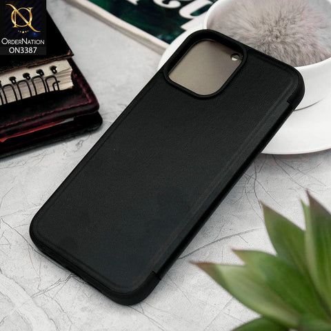 iPhone 13 Pro Max Cover - Black - New Hhumanized Semi Transparent Half Pc Window Soft Leather Flip Case