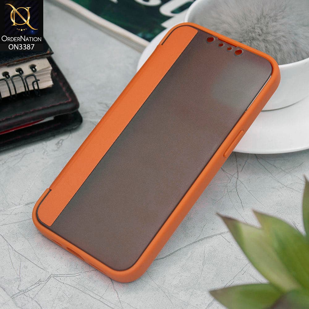 iPhone 13 Cover - Orange - New Hhumanized Semi Transparent Half Pc Window Soft Leather Flip Case