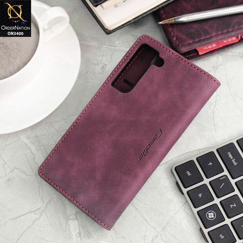 Samsung Galaxy S22 5G Cover - Maroon - Caseme Luxury Retro Magnetic Flip Wallet Leather Soft Case