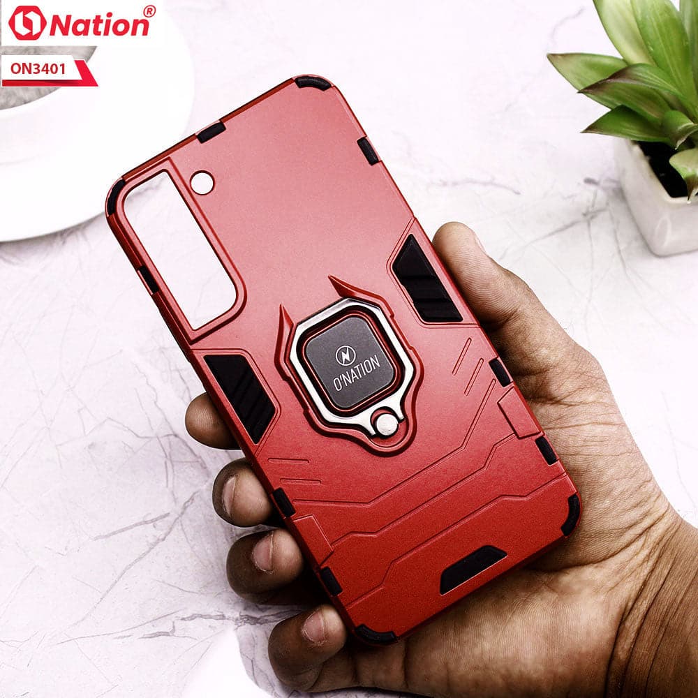 Samsung Galaxy S21 FE 5G Cover - Red - Onation Hybrid Series 360 Rotating Ring Holder Shock Proof Protective Soft Case