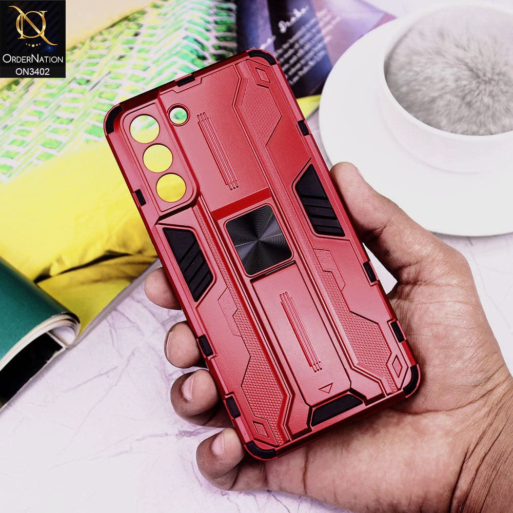 Samsung Galaxy S21 FE 5G Cover - Red - O Nation Hybrid Series Soft Borders Semi Hard Back Shock Proof Camera Protection Kick Stand Case