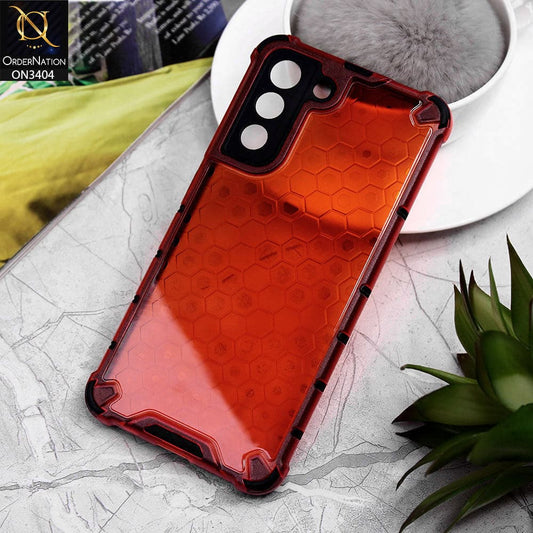 Samsung Galaxy S21 FE 5G Cover - Red - Onation Hybrid Series Soft Borders Hive Shell Semi Transparent Back TPU Protective Case