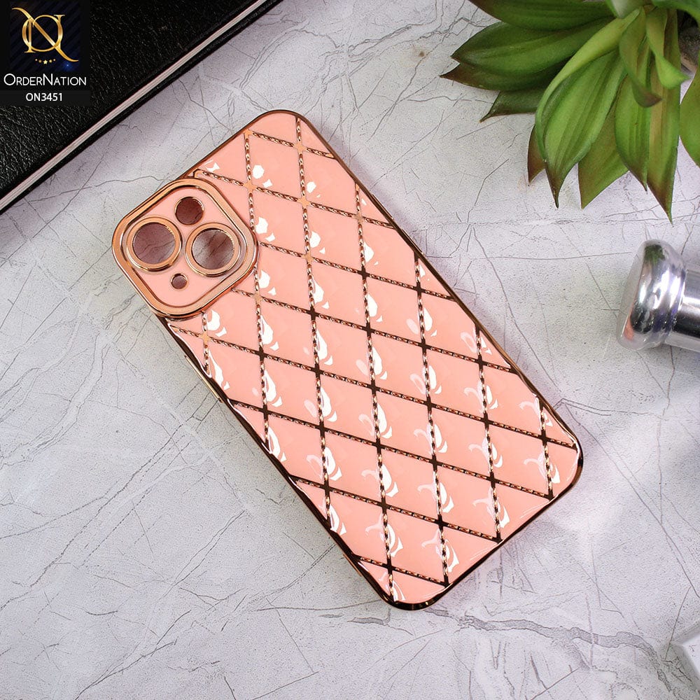 iPhone 14 Cover - Pink - Soft TPU Shiny Electroplated Golden Lines Camera Protection Case