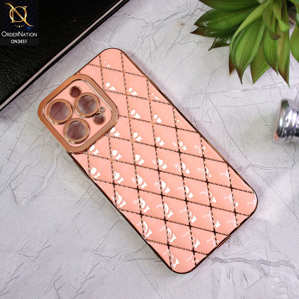 iPhone 14 Pro Max Cover - Pink - Soft TPU Shiny Electroplated Golden Lines Camera Protection Case