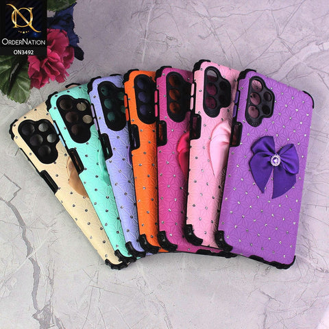 Realme V25 Cover - Light Purple - New Girlish Look Rhime Stone With Bow Camera Protection Soft Case