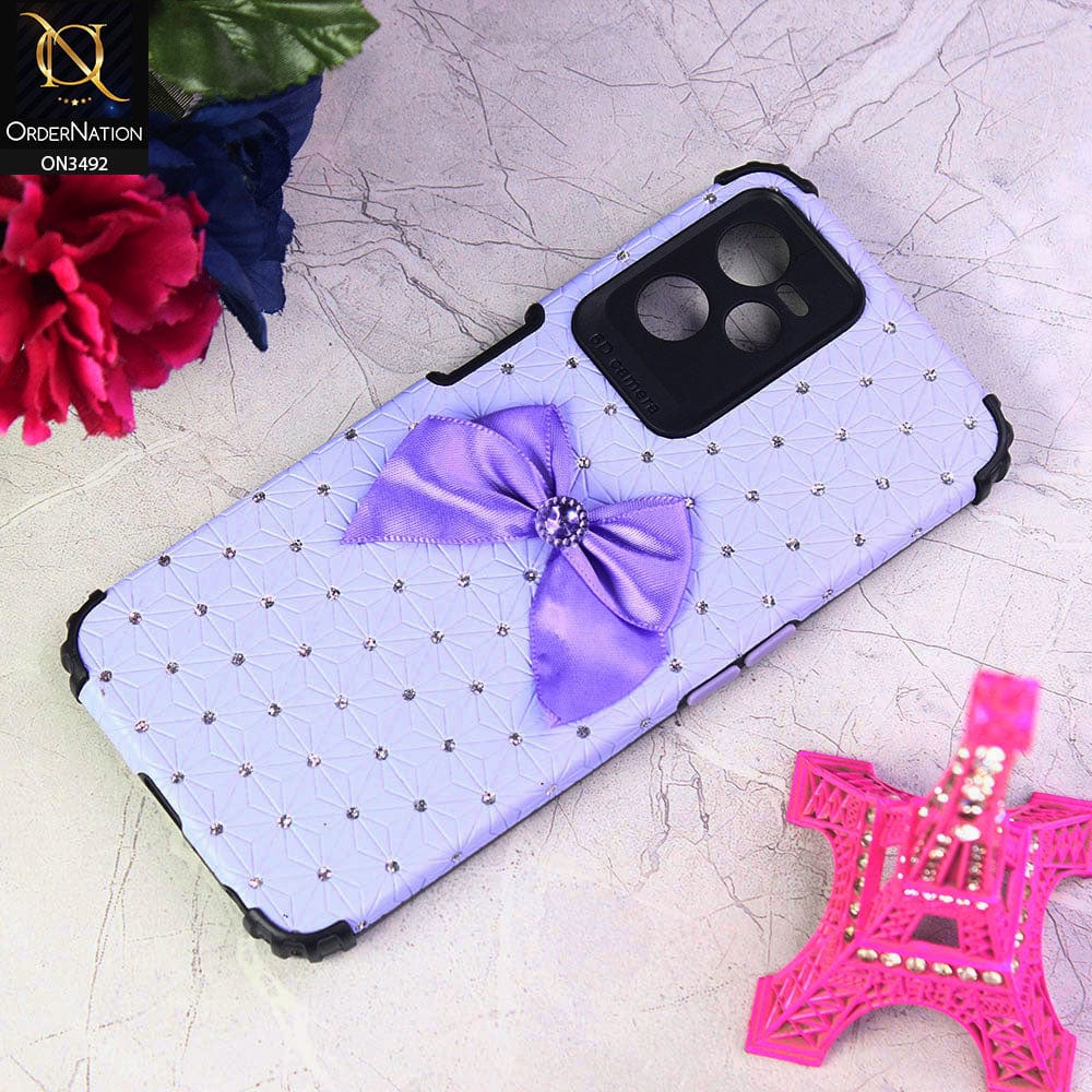 Realme 9 Pro Cover - Light Purple - New Girlish Look Rhime Stone With Bow Camera Protection Soft Case