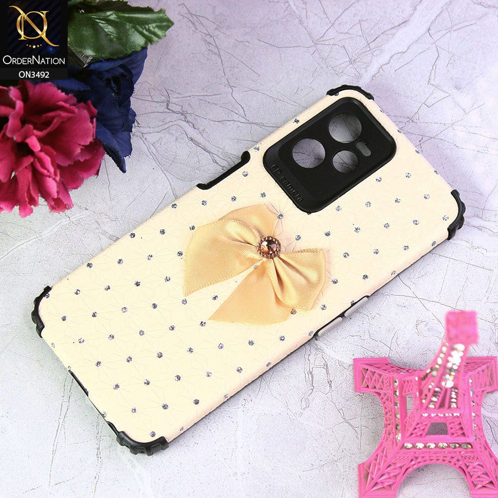 Realme 9 Pro Cover - Off White - New Girlish Look Rhime Stone With Bow Camera Protection Soft Case