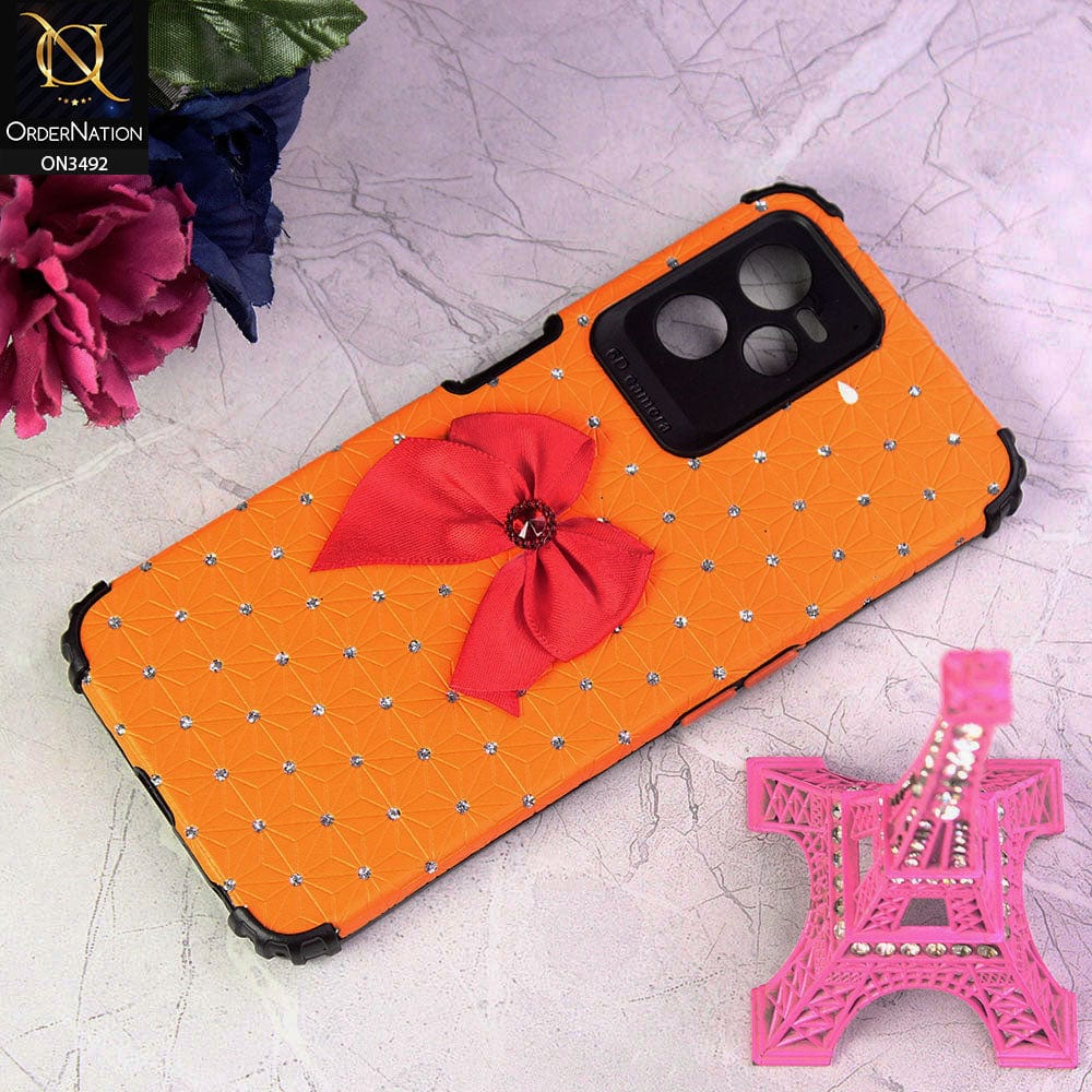 Realme 9 Pro Cover - Orange - New Girlish Look Rhime Stone With Bow Camera Protection Soft Case