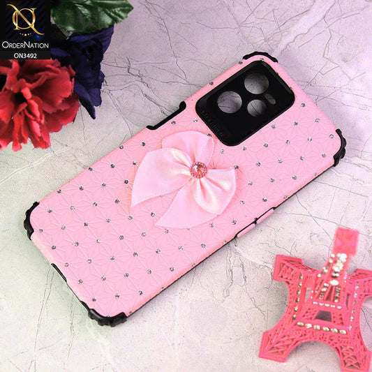 Realme V25 Cover - Pink - New Girlish Look Rhime Stone With Bow Camera Protection Soft Case