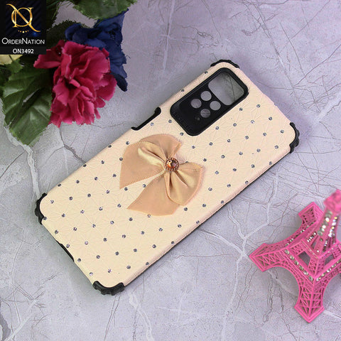 Xiaomi Redmi Note 11E Pro Cover - Off White - New Girlish Look Rhime Stone With Bow Camera Protection Soft Case