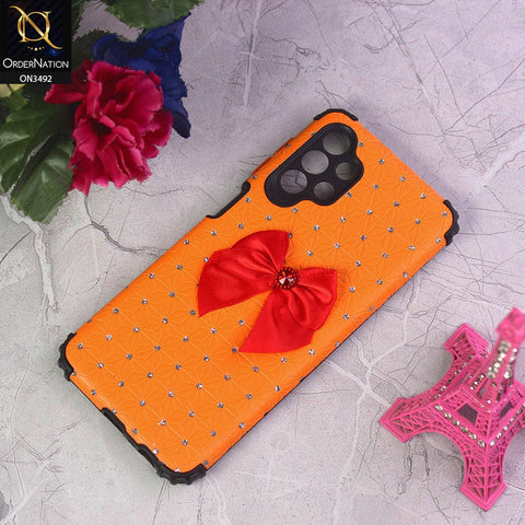 Samsung Galaxy A13 Cover - Orange - New Girlish Look Rhime Stone With Bow Camera Protection Soft Case