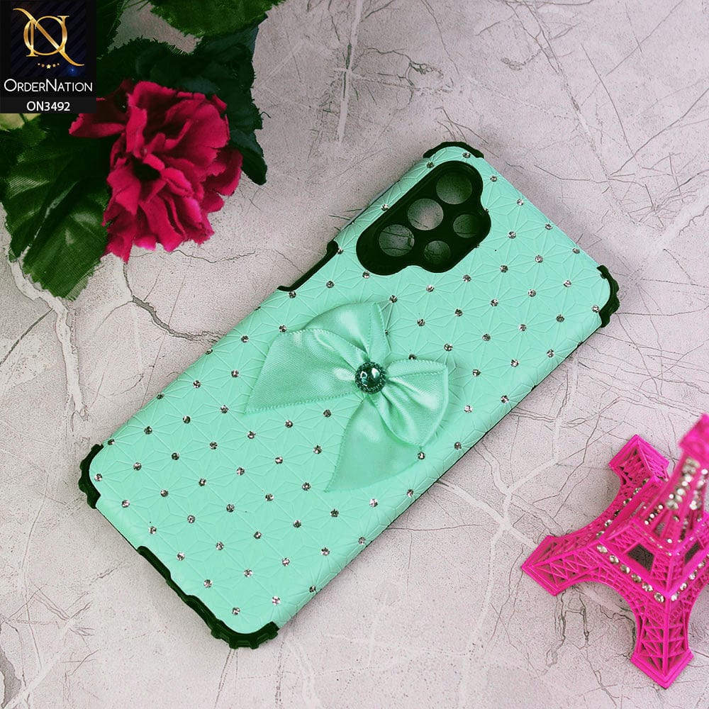 Samsung Galaxy A13 Cover - Sea Green - New Girlish Look Rhime Stone With Bow Camera Protection Soft Case