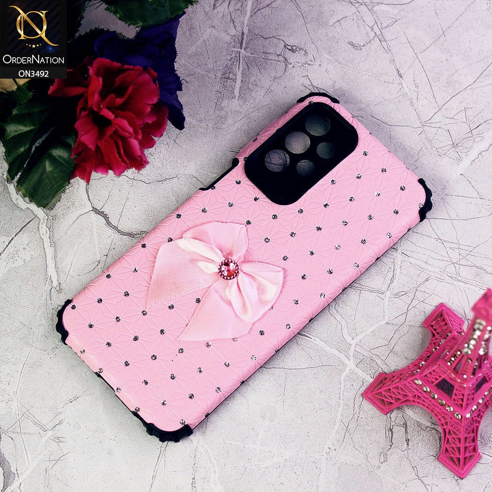 Samsung Galaxy A23 5G Cover - Pink - New Girlish Look Rhime Stone With Bow Camera Protection Soft Case