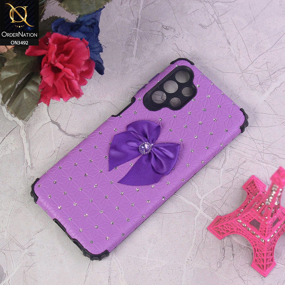 Samsung Galaxy A32 Cover - Purple - New Girlish Look Rhime Stone With Bow Camera Protection Soft Case