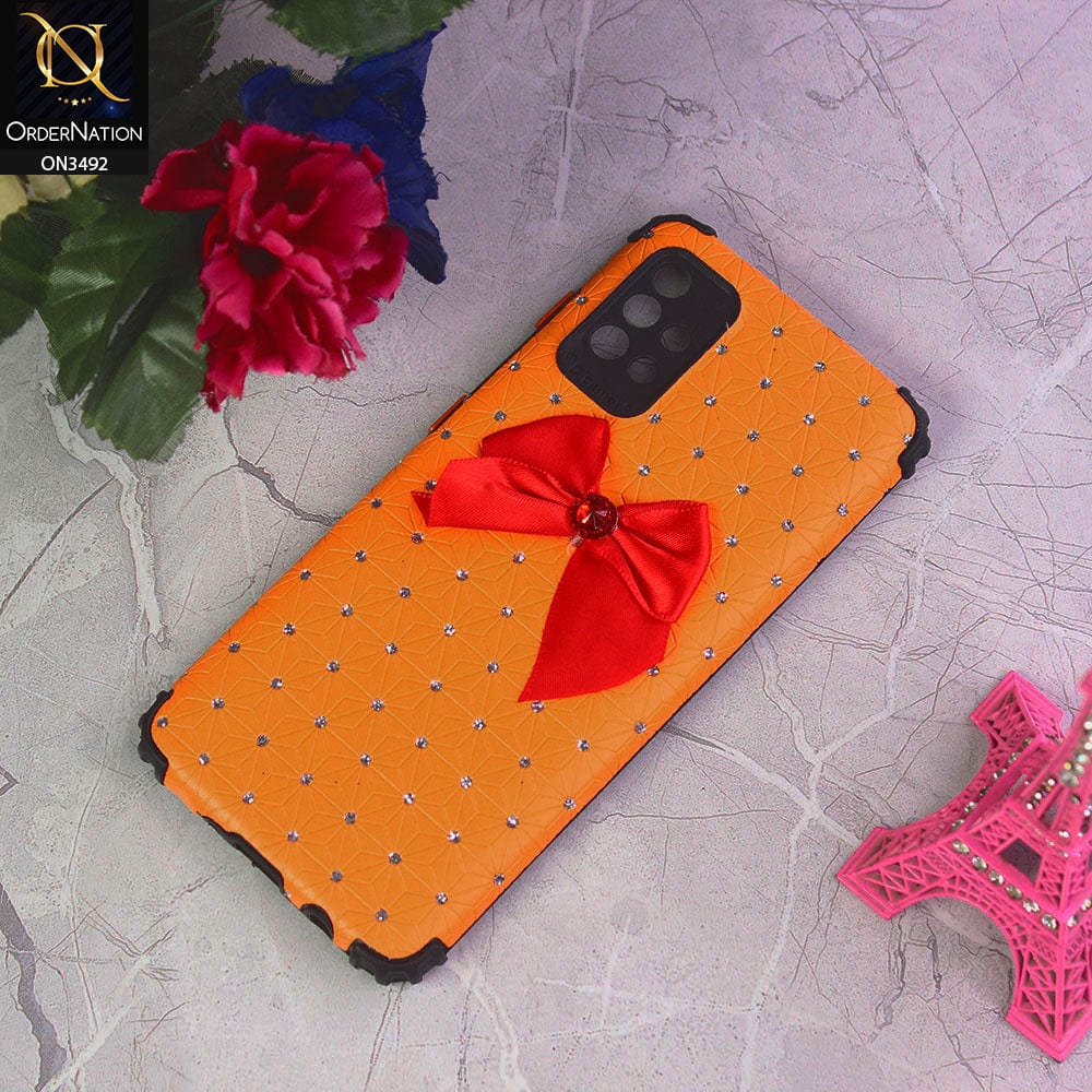 Samsung Galaxy A51 Cover - Orange - New Girlish Look Rhime Stone With Bow Camera Protection Soft Case