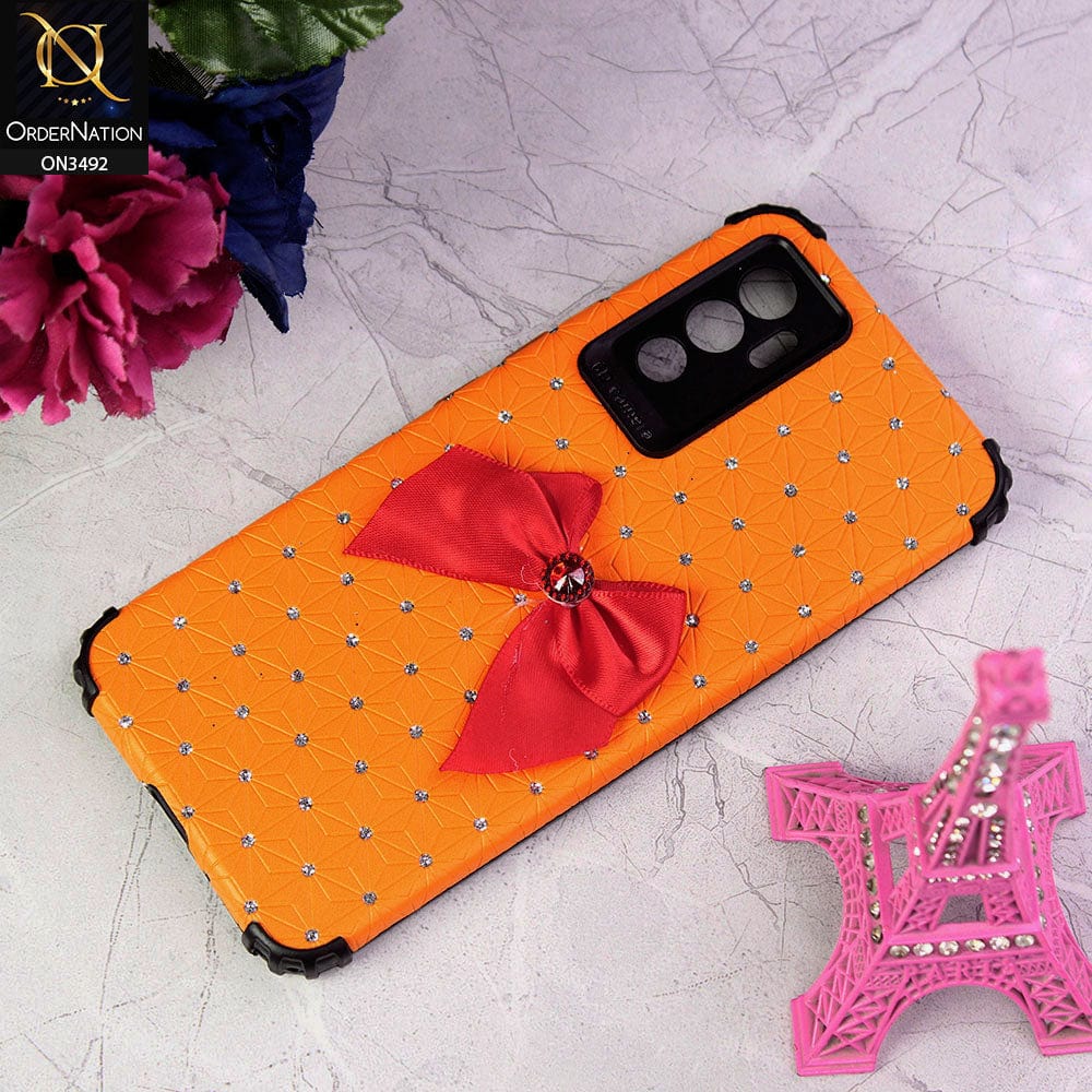 Vivo V23e 5G Cover - Orange - New Girlish Look Rhime Stone With Bow Camera Protection Soft Case