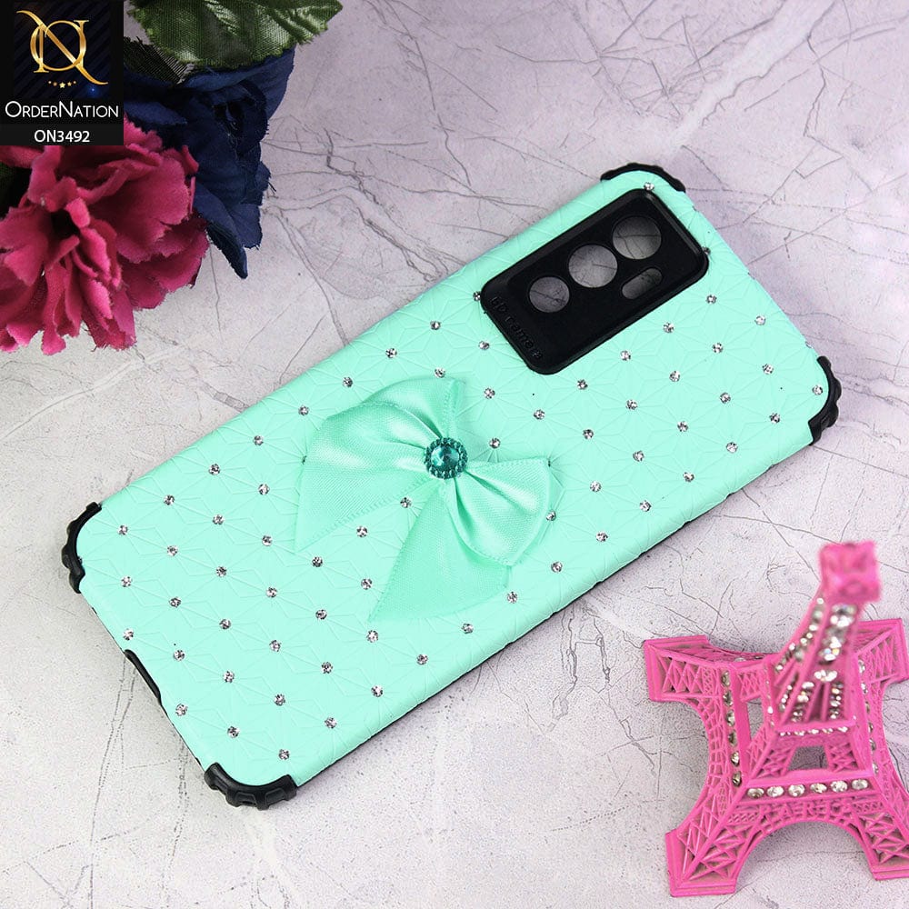 Vivo V23e Cover - Sea Green - New Girlish Look Rhime Stone With Bow Camera Protection Soft Case