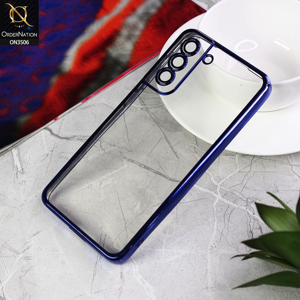 Samsung Galaxy S21 FE 5G Cover - Blue - Electroplated Shiny Borders Soft Silicone Camera Protection Clear Case