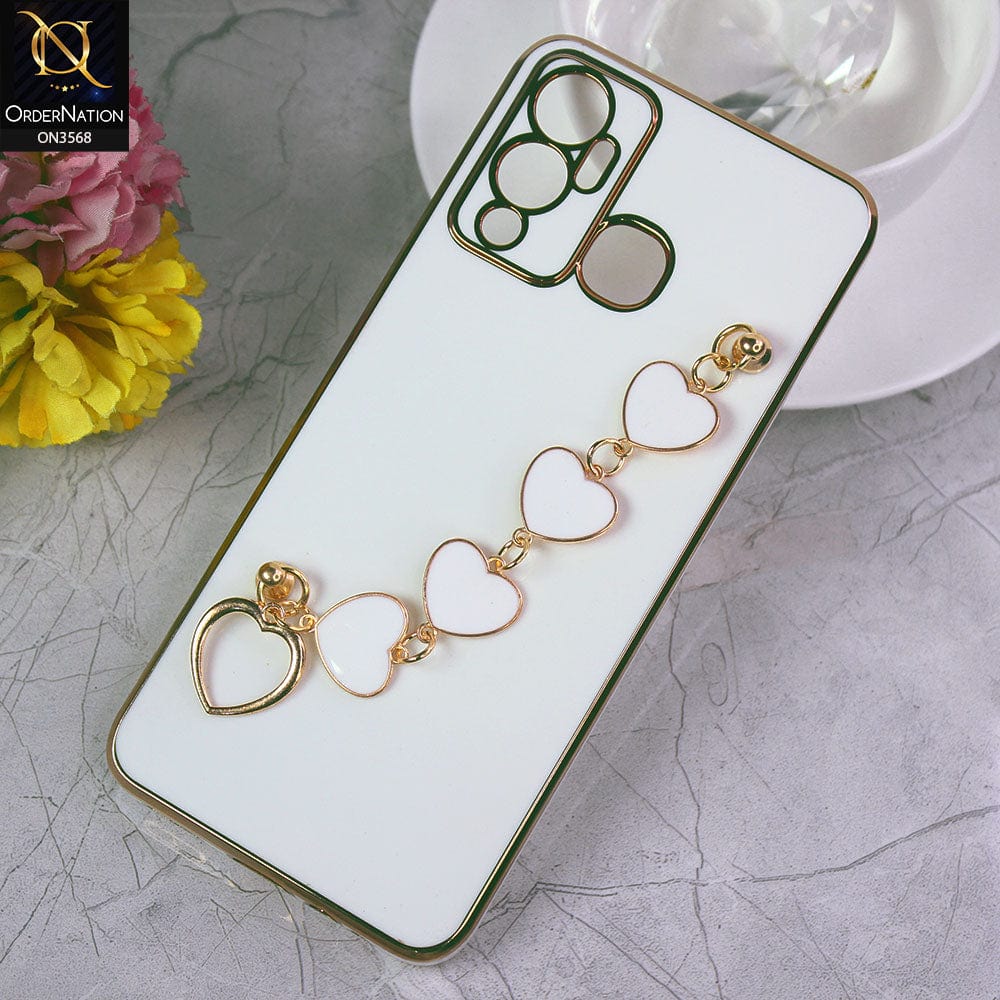 Infinix Hot 12 Play Cover - White - Electroplated Edges Soft Silicone Heart Chain Fingers Holder Case with Camera Protection