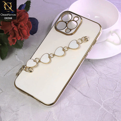 iPhone 11 Pro Max Cover - White - Electroplated Edges Soft Silicone Heart Chain Fingers Holder Case with Camera Protection