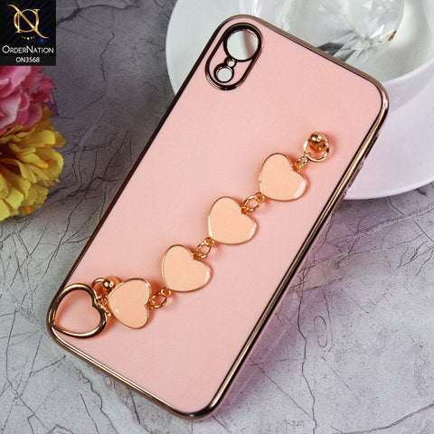 iPhone XR Cover - Pink - Electroplated Edges Soft Silicone Heart Chain Fingers Holder Case with Camera Protection
