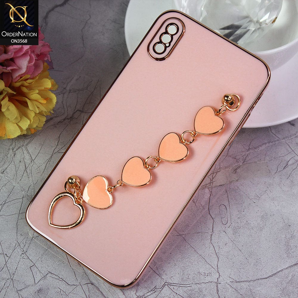 iPhone XS Max Cover - Pink - Electroplated Edges Soft Silicone Heart Chain Fingers Holder Case with Camera Protection