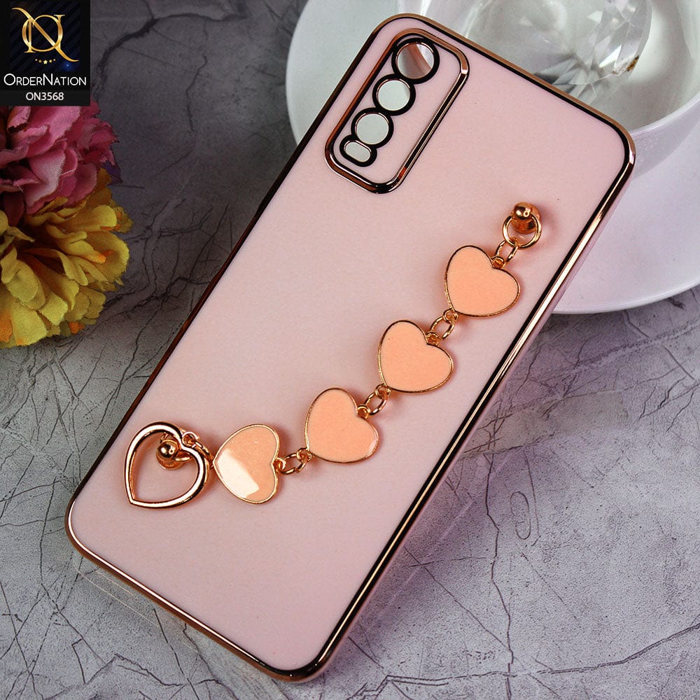 Vivo Y20T Cover - Pink - Electroplated Edges Soft Silicone Heart Chain Fingers Holder Case with Camera Protection