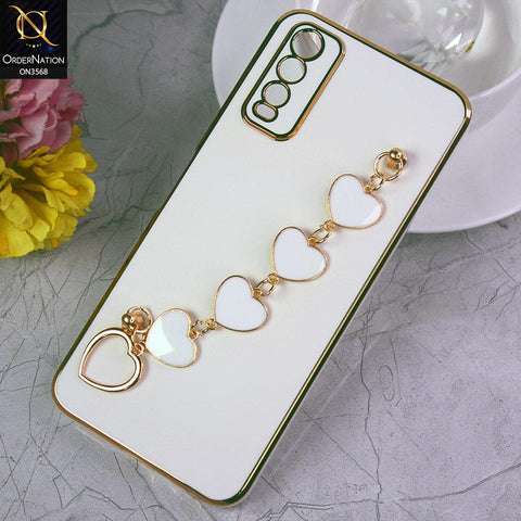 Vivo Y12s Cover - White - Electroplated Edges Soft Silicone Heart Chain Fingers Holder Case with Camera Protection