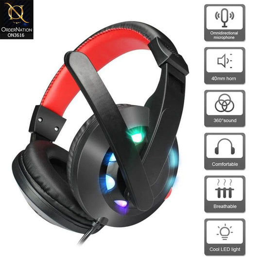 Red - A65 Stereo Gaming Headphone with Microphone & 7 LED for PC, Laptop & Gaming Console