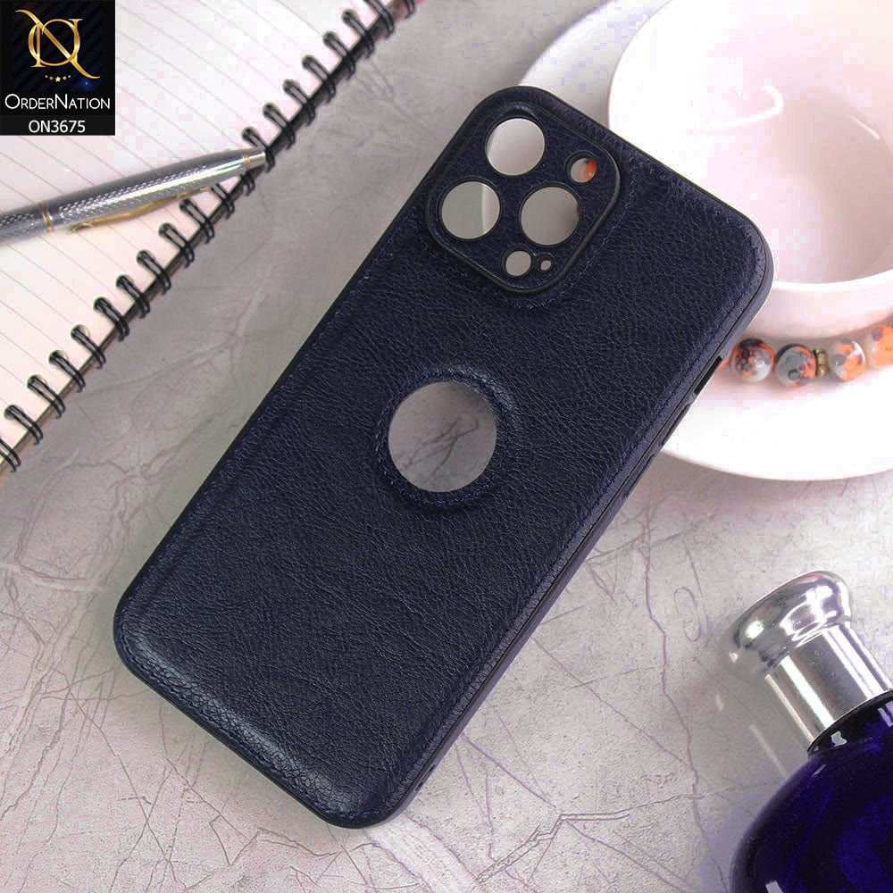 iPhone 13 Pro Max Cover - Dark Blue - New Leather Texture Round Borders Protective Case With Logo Hole