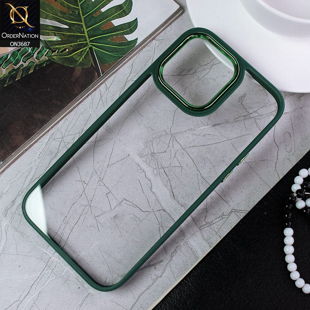 iPhone 14 Pro Max Cover - Green - New Electroplating Camera Ring Colored Soft Silicon Borders Protective Clear Back Case