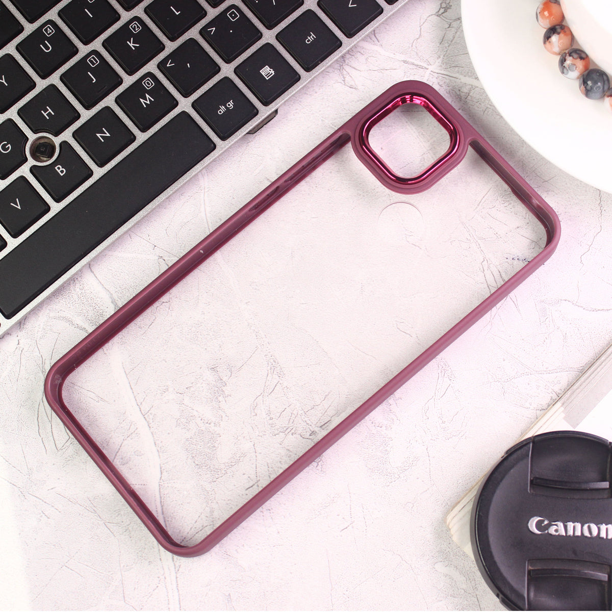 Xiaomi Redmi 9C Cover - Maroon - New Electroplating Camera Ring Colored Soft Silicon Borders Protective Clear Back Case