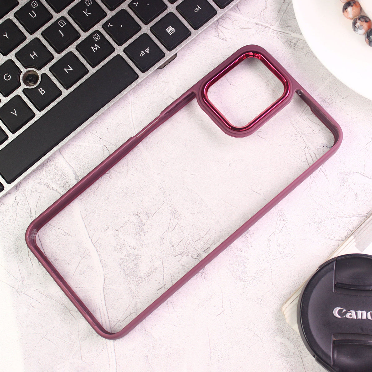 Vivo Y15s Cover - Maroon - New Electroplating Camera Ring Colored Soft Silicon Borders Protective Clear Back Case