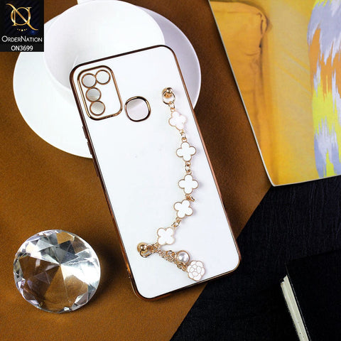 Infinix Hot 11 Play Cover - White -  Electroplated Edges Soft Silicone Flower Chain Finger Holder Case