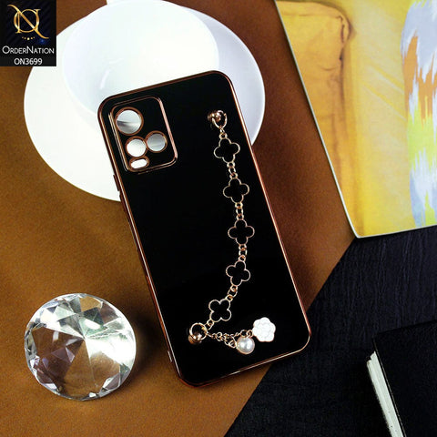 Vivo Y21e Cover - Black -  Electroplated Edges Soft Silicone Flower Chain Finger Holder Case