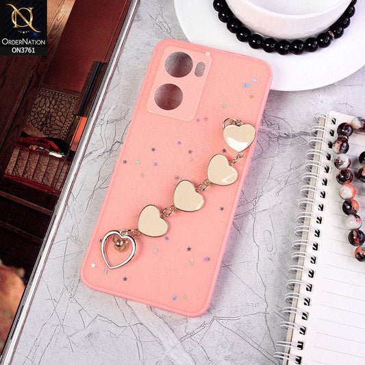 Oppo A57e Cover - Pink - Shiny Glitter Candy Color Soft Border Camera Protection Case With Heart Chain Holder (Glitter Does not move)