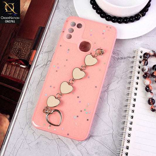 Infinix Hot 11 Play Cover - Pink - Shiny Glitter Candy Color Soft Border Camera Protection Case With Heart Chain Holder (Glitter Does not move)