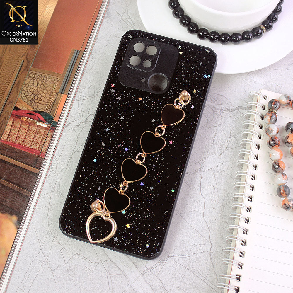 Xiaomi Redmi 10C Cover - Black - Shiny Glitter Candy Color Soft Border Camera Protection Case With Heart Chain Holder (Glitter Does not move)